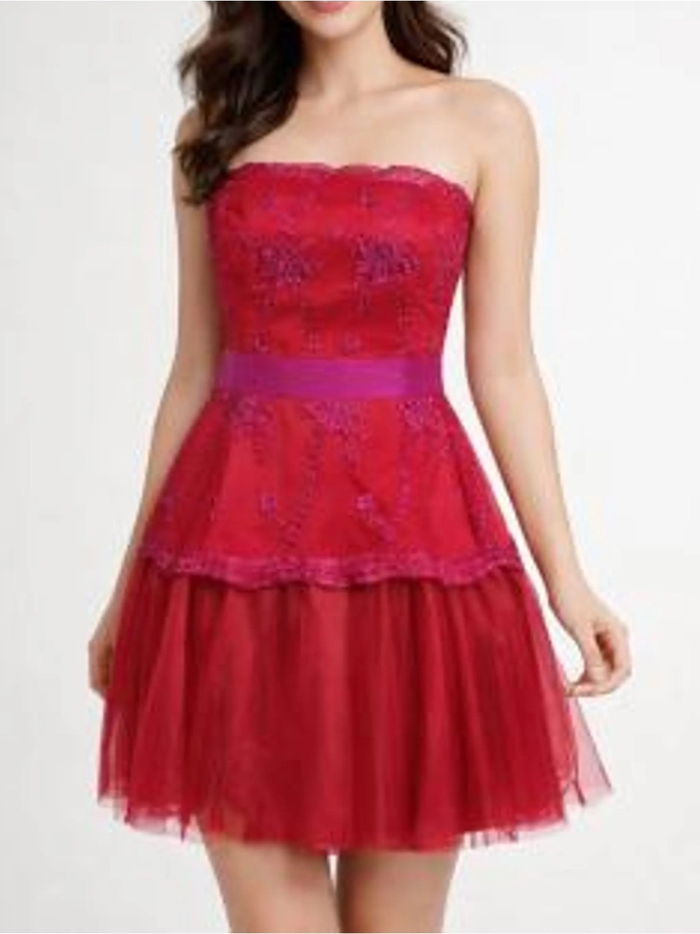 Pearl Georgina Chapman by Marchesa Red Lace Tulle Strapless Mini Dress Size 4 - Picture 1 of 7